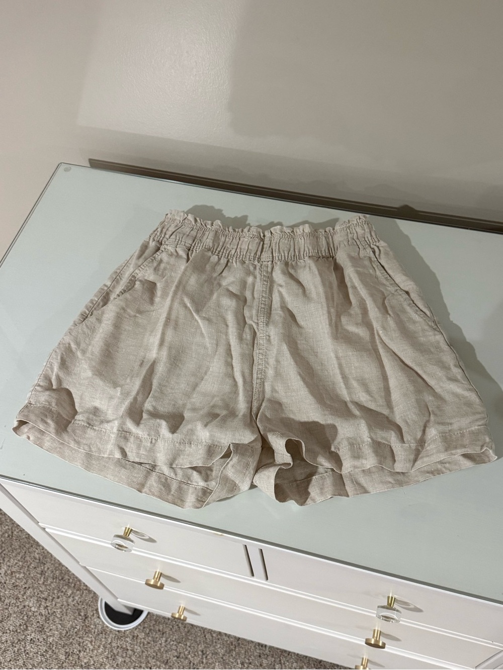 H&M Light Beige High-Waist Elastic Linen-Blend Shorts